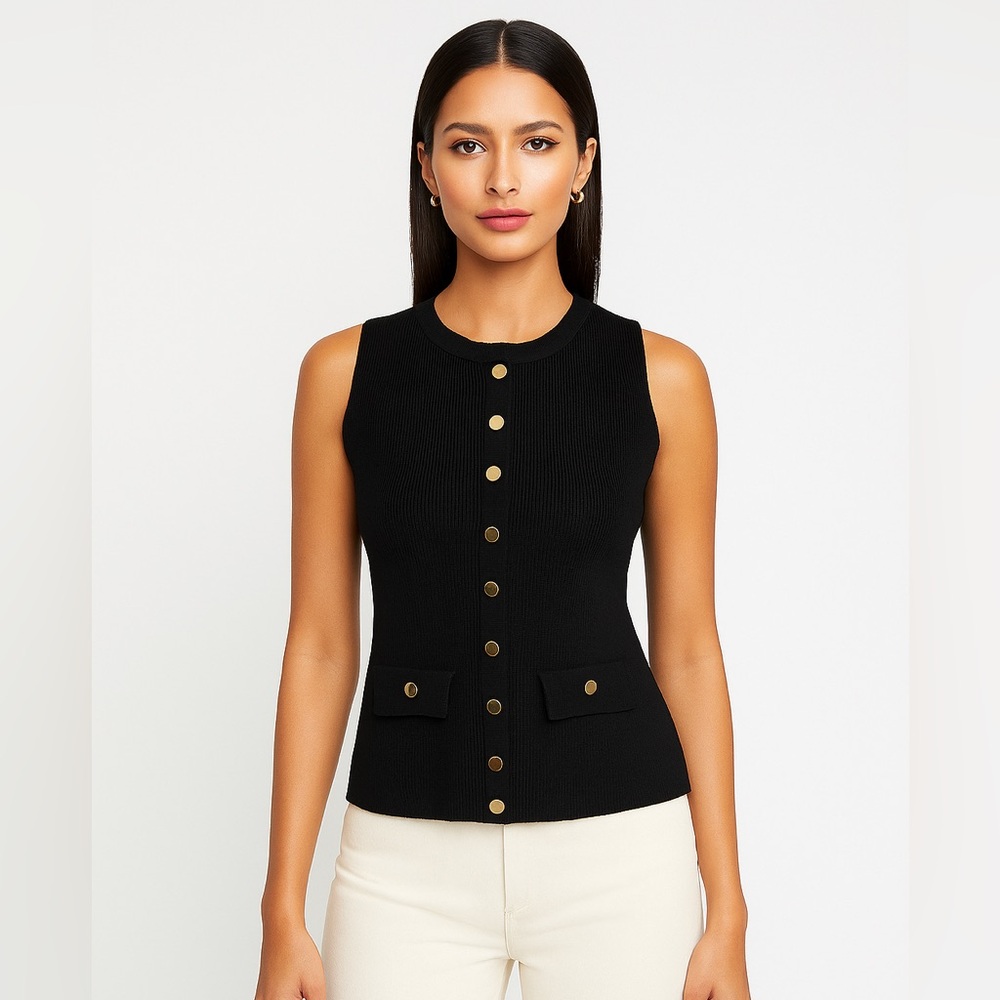 Chic Black Button-Down Sleeveless Knit Top NWT